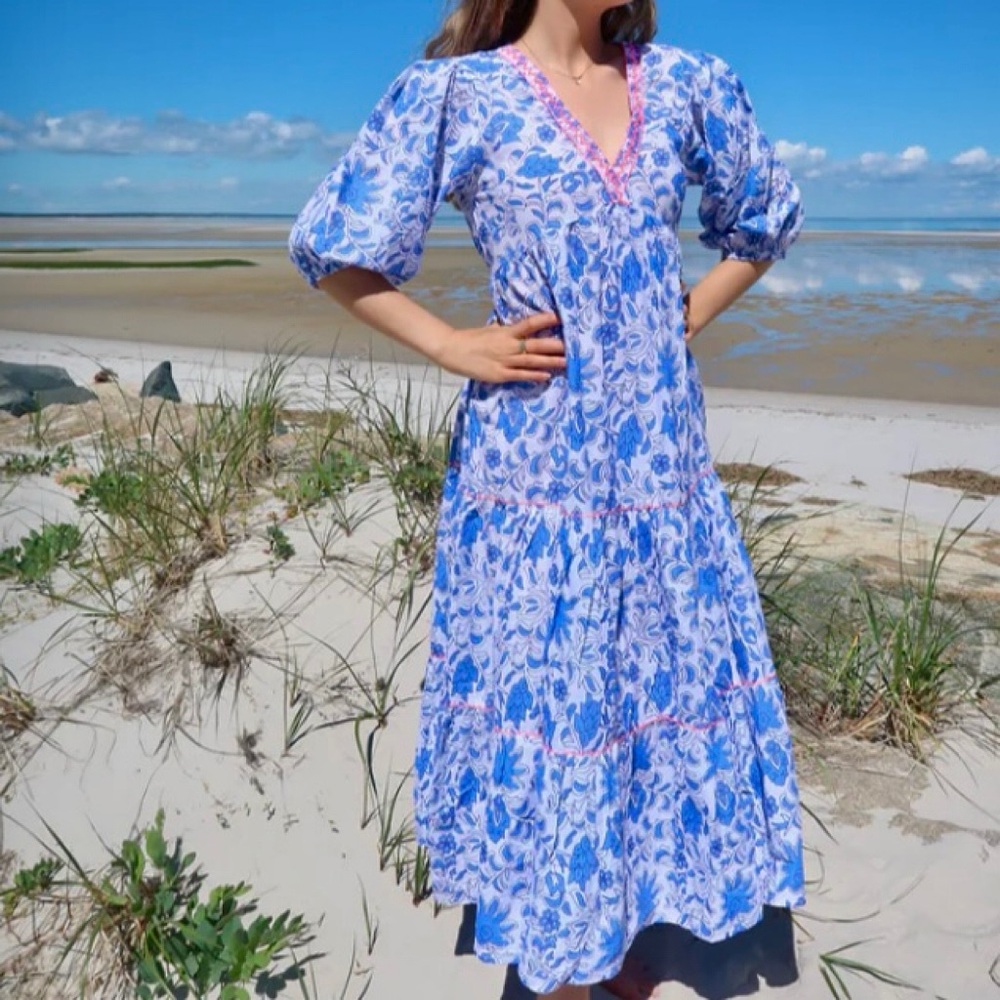 DEBBIE KATZ Floral Blue Maxi Dress/Beach Coverup - Picture 2 of 12